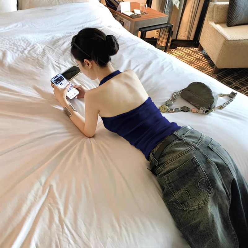 藏青色挂脖吊带带胸垫背心女夏外穿遮副乳露背小上衣美背辣妹穿搭|undefined