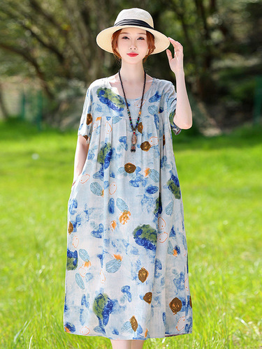 New Elegant Cotton Silk Dress for Summer Women, Floral Pattern, Fashionable Mother's Dress for Middle-Aged and Elderly Women