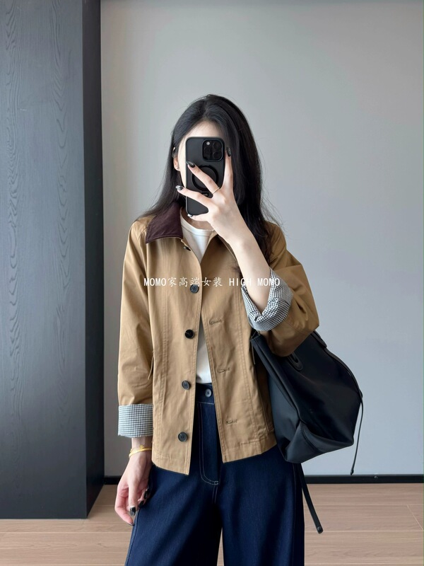 小禾+轻奢质感！灯芯绒翻领高支棉格纹内里长袖风衣外套女早秋|undefined