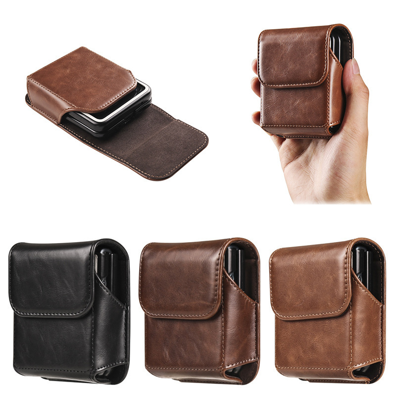 Suitable for Samsung Zflip4 Crazy Horse Pattern Flip Foldableing Screen Flip Protective Cover Universal Waist Bag Mobile Phone Case Hanging Bag