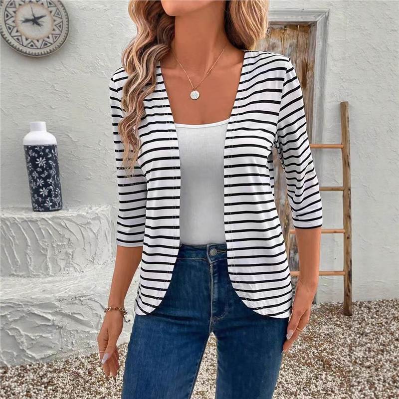Autumn and Winter Fashion Cardigan Without Buttons 2026 New European and American Style Women's Striped Long-Sleeve Coat Elegant Top for Women