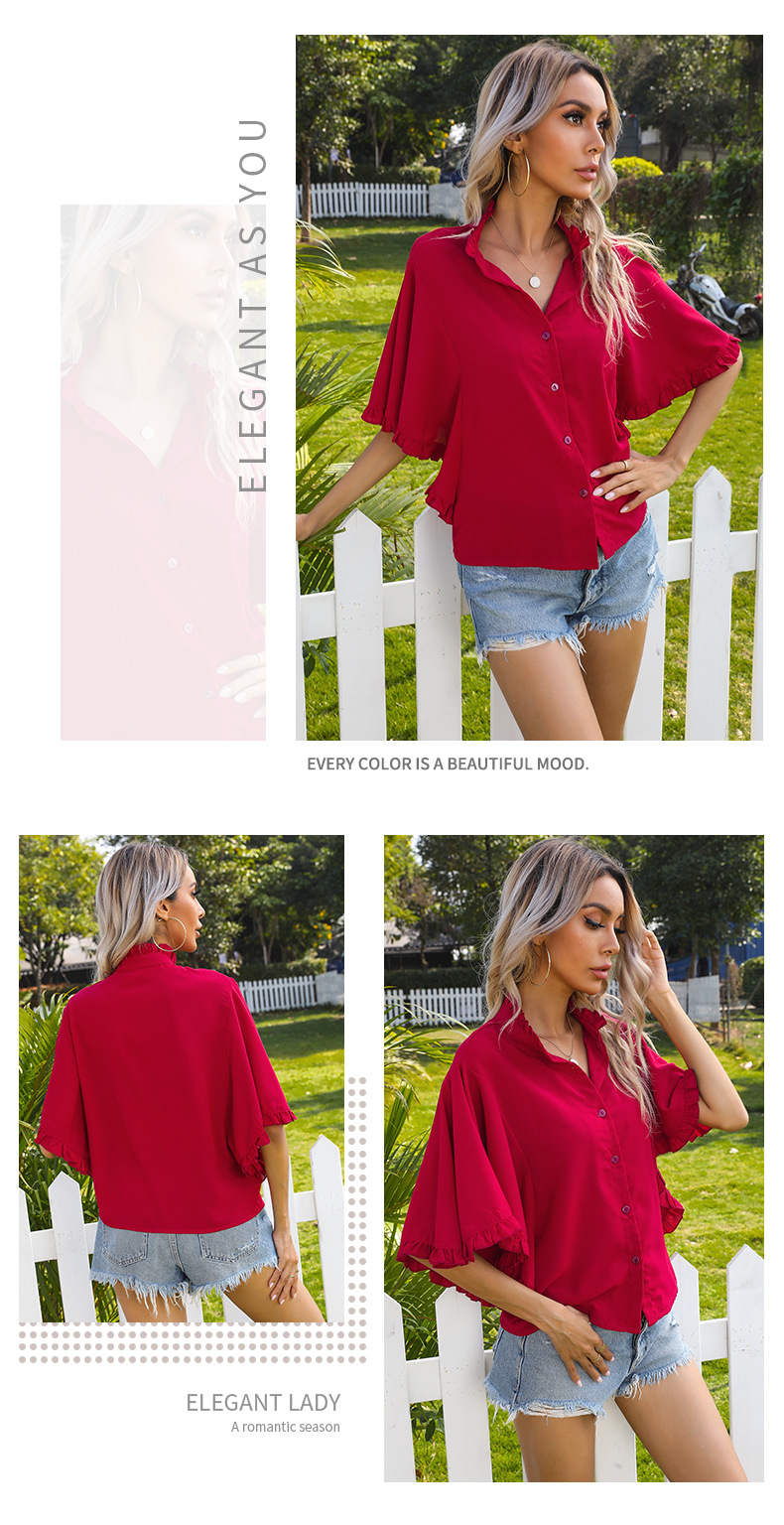 summer new fashion solid color solid color ruffled short-sleeved ruffled shirt NSYYF61437