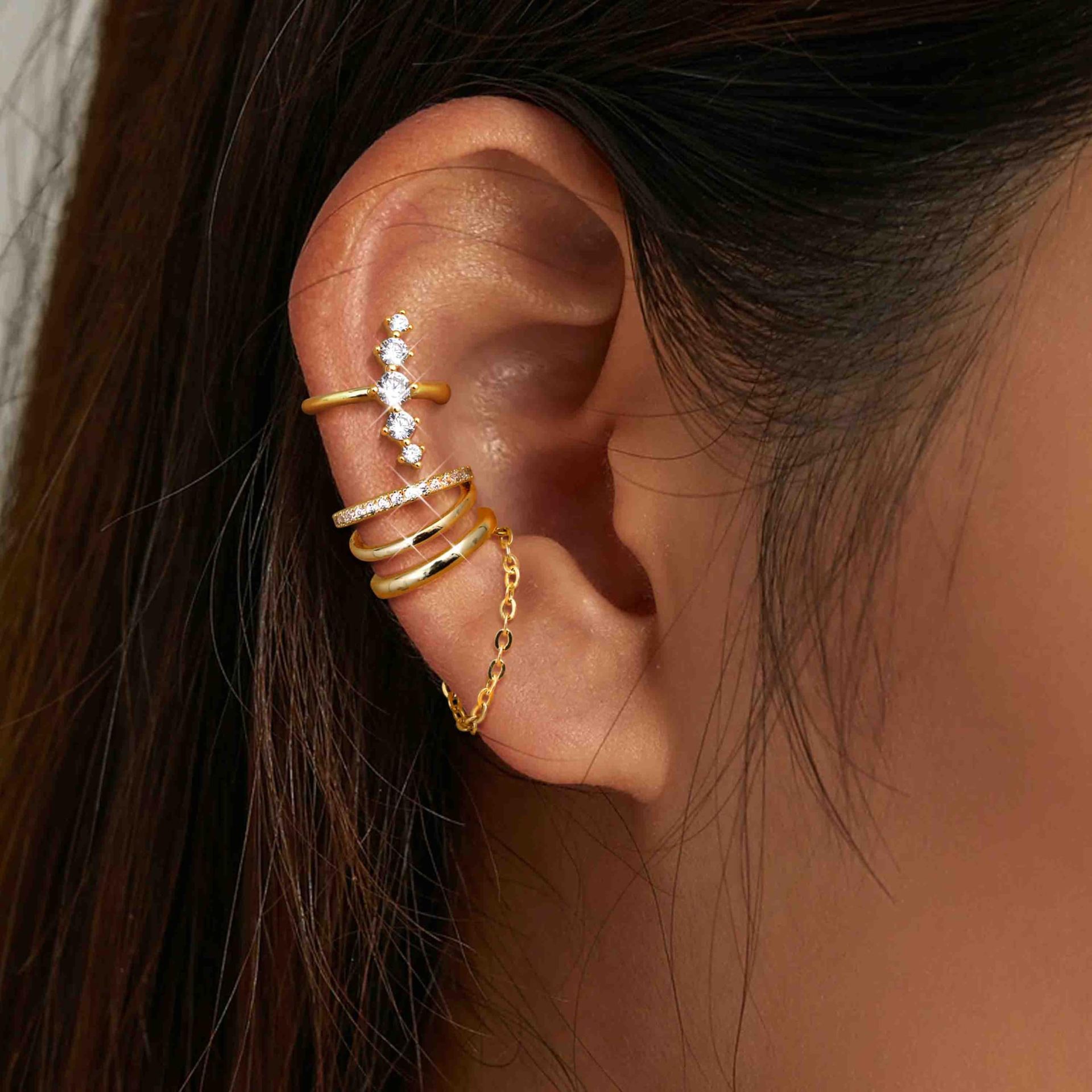Retro Gold Ring Chain Tassel Ear Bone Clip Inlaid with Zircon Women's Versatile High-End Niche Design Earrings Set