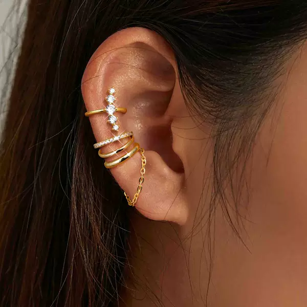 Retro Gold Ring Chain Tassel Ear Bone Clip Inlaid with Zircon Women's Versatile High-End Niche Design Earrings Set