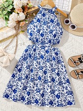 女童连衣裙2024夏季洋气挂脖碎花裙子跨境欧美露腰设计法式背心裙