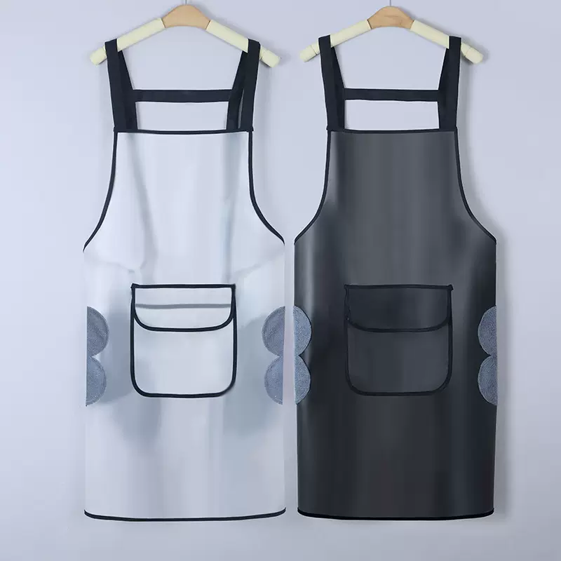 可擦手围裙透明发廊生鲜家用防水TPU围裙大口袋带兜无袖防油挂脖