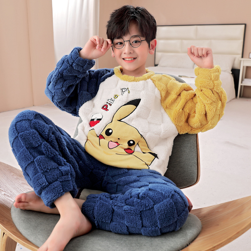 2024 년 새로운 어린이 잠옷 산호 양털 겨울 기모 두꺼운 소년 십대 학생  가을과 겨울