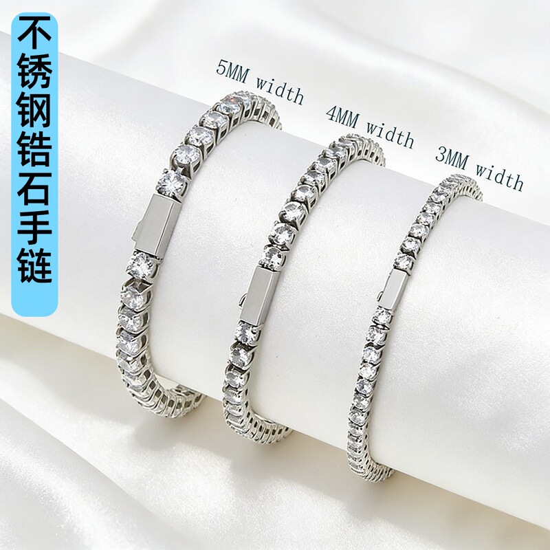 Directly from the Manufacturer, Stainless Steel 316 Tennis Chain Titanium Steel Bracelet with Zircon Inlay, Polished Finish, Full Diamond Bracelet