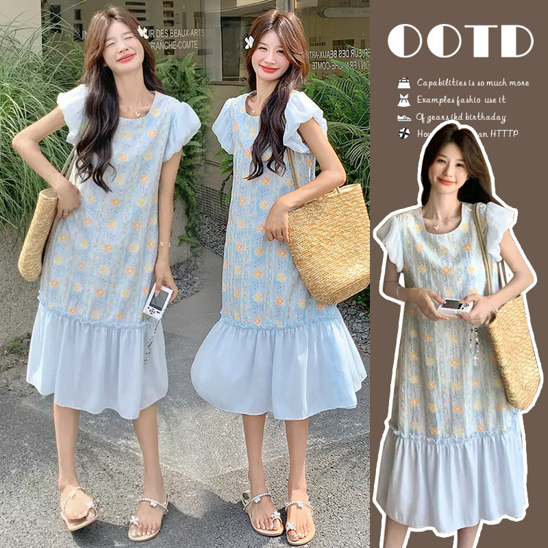 Super Nice Tea Break Embroidered Floral Blue Dress for Women Summer 2025 New Style Generous and Stylish Maternity Dress