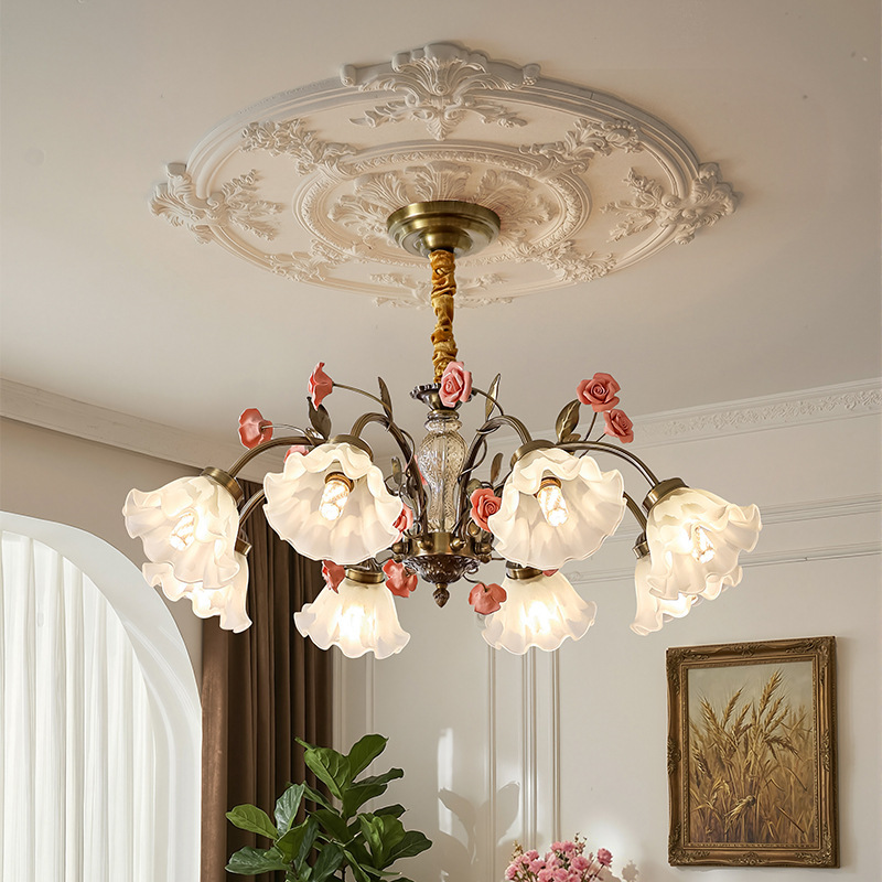French-Style Pastoral Living Room Chandelier with Rose Ceramic Romantic Vintage Lily of the Valley Design, High-End Bedroom Lighting French-Style Pastoral Living Room Chandelier with Rose Ceramic Romantic Vintage Lily of the Valley Design, High-End Bedroom Lighting