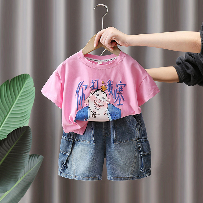 7278 Traje de verano para niños 2025 Nueva camiseta de manga corta con estampado fino de verano para niños de dos piezas de verano