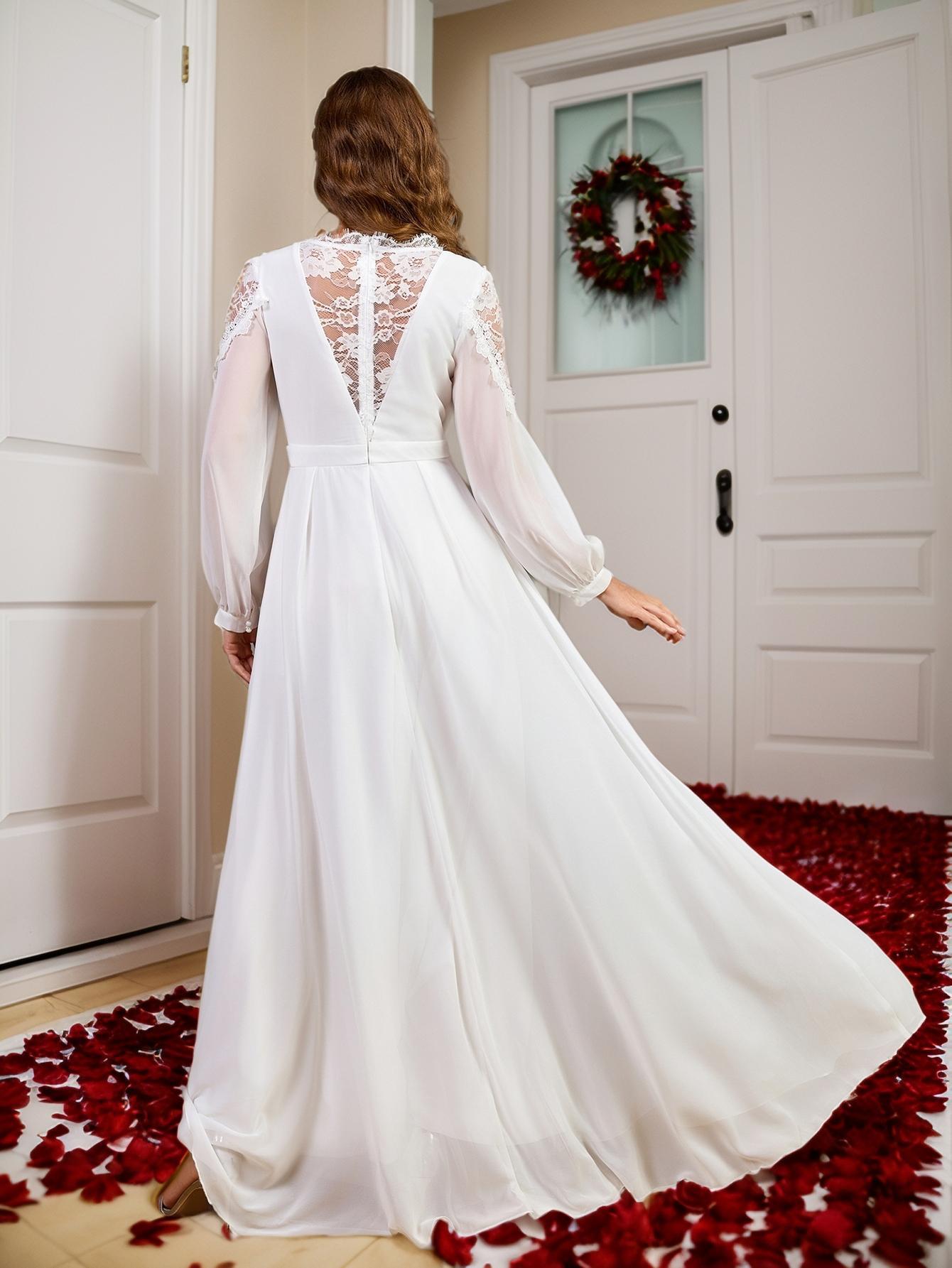 Nuevo Europa y América Hot Sale Amazon vestido de encaje empalmado cintura larga noble vestido de noche vestido de novia chiffon