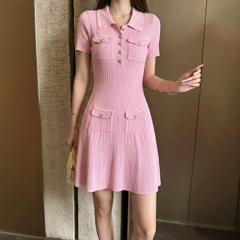 Shenzhen Nanyou~26 Early Autumn New Style Diamond-Encrusted Pearl Lapel Waist-Cinching Slim-Fit Knit Short-Sleeve Dress 606067