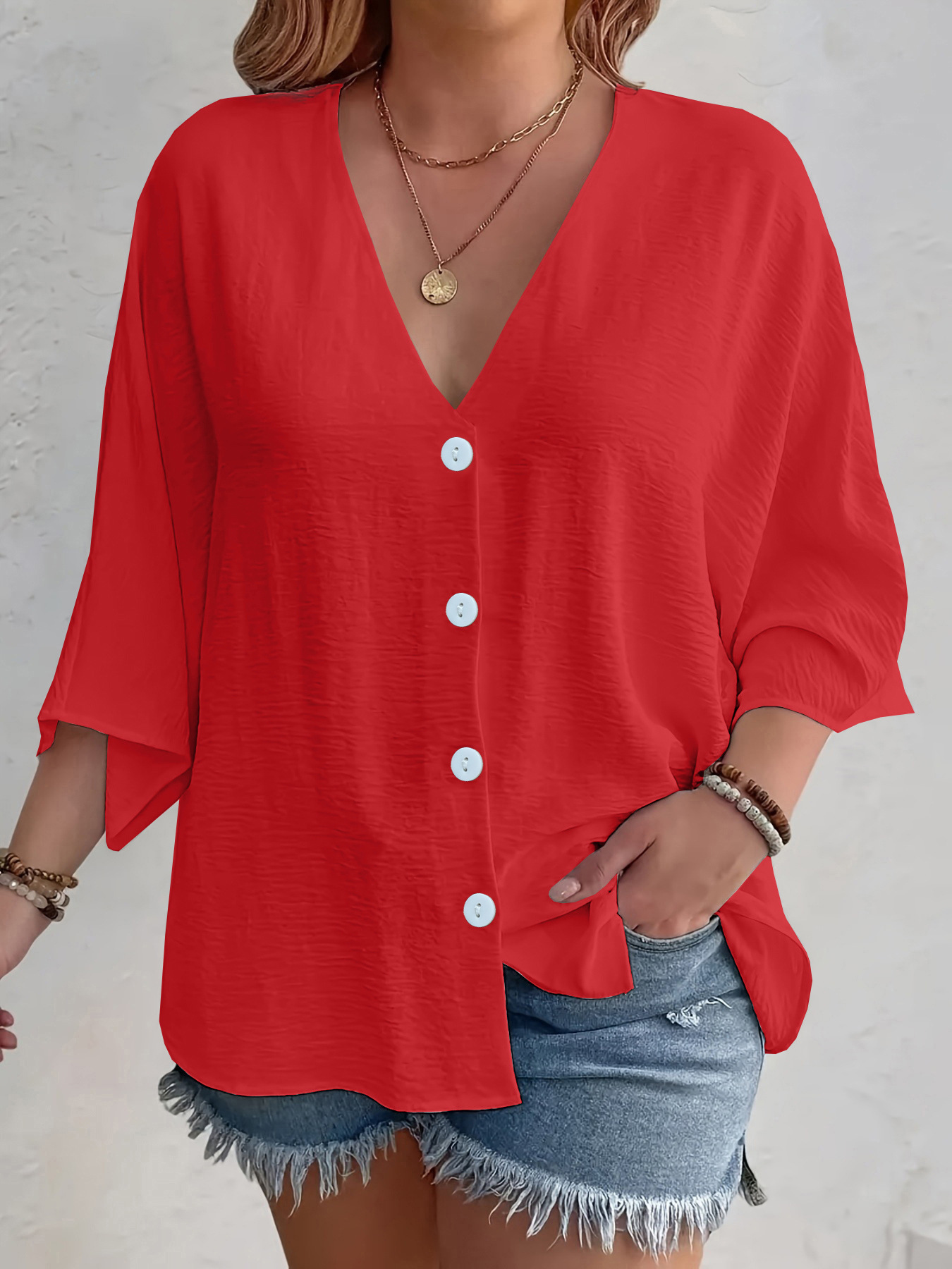 Women's Clothing Spring And Autumn New Women's V Neck Button Ice Silk Wrinkle Solid Color Cardigan Long Sleeve Women_voghion.com