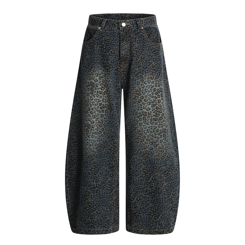 Retro Leopard Print Men's Jeans - High Street Vintage Wide Leg Trousers With Distressed Washed Finish_mkmklike.com