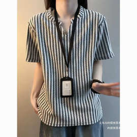 美式休闲慵懒风v领鱼骨纹短袖t恤女夏季新款简约时尚宽松半袖上衣