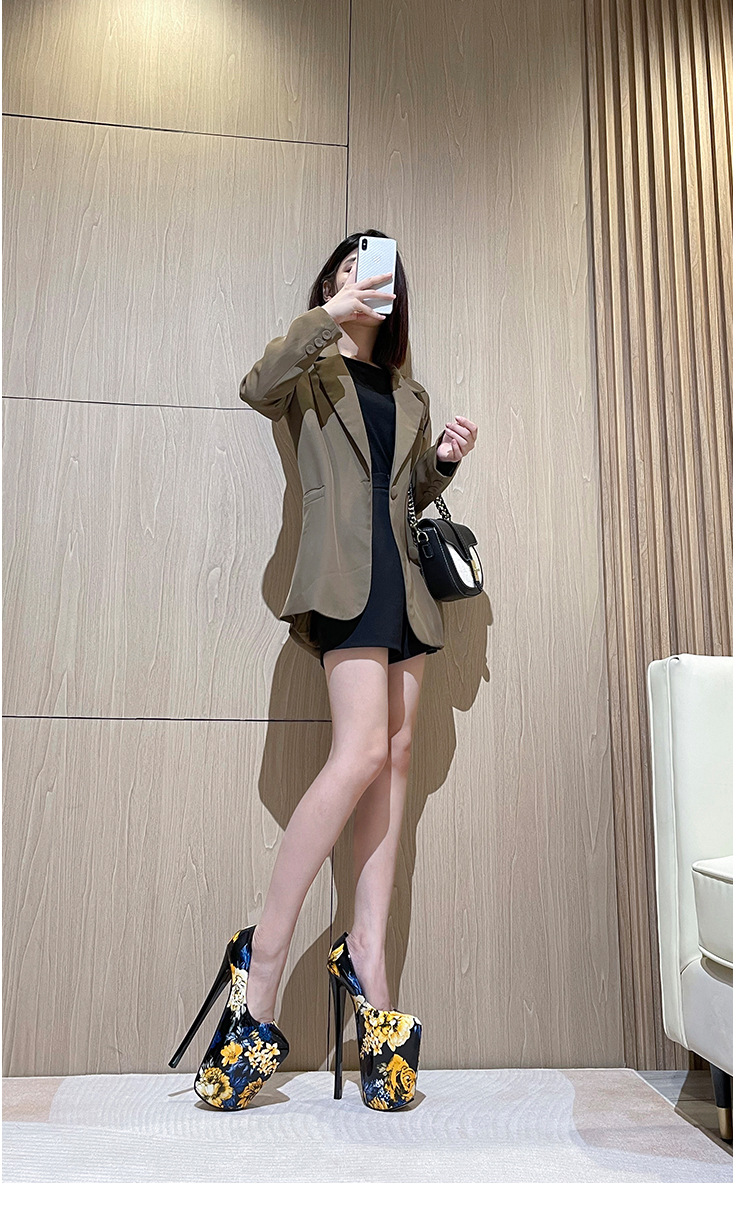 Giày cao gót nữ mũi nhọn siêu cao, họa tiết hoa văn thời trang, size lớn đến 50 — Màu xanh lam chi tiết 17