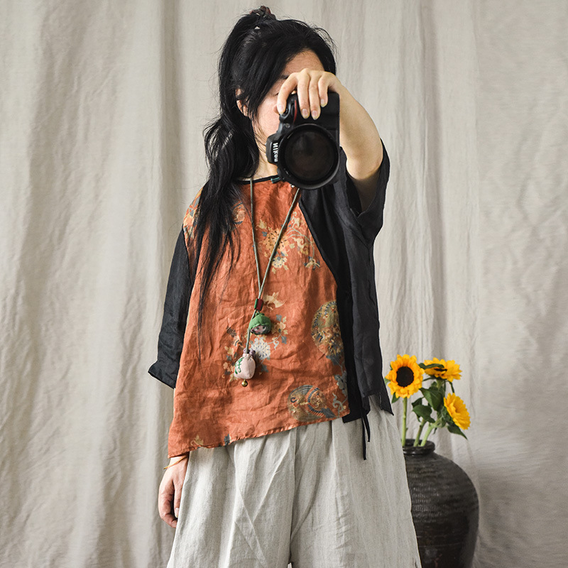 Brocade/artistic cotton and linen women's Ramie patchwork placket buckle top short shirt mid-sleeve lace-up shirt for women