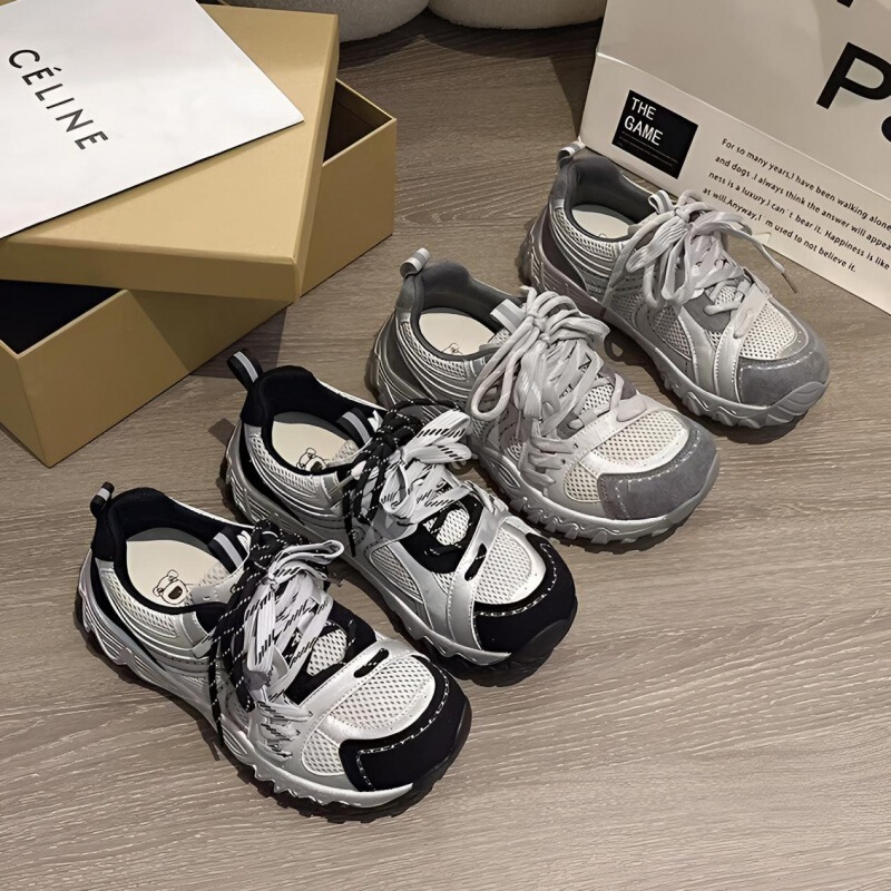 New breathable versatile thick-soled height-increasing casual sports soft-soled dad shoes for women, trendy mesh sneakers with black square heels