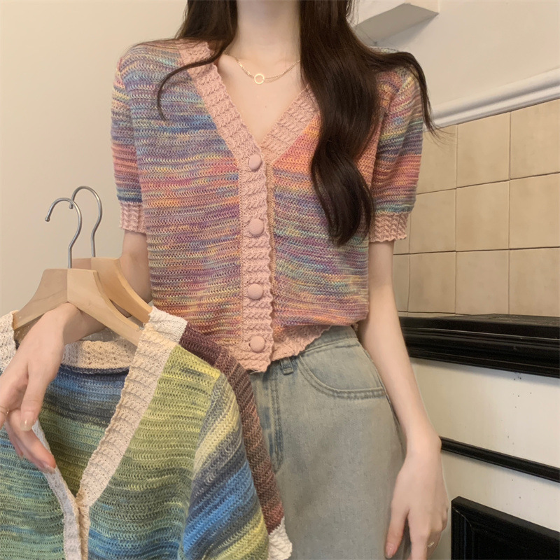 샤넬 스타일 대비 넥타이 염료 V 넥 반팔 니트 카디건 여름 새로운 디자인 감각 루즈 쇼트 탑