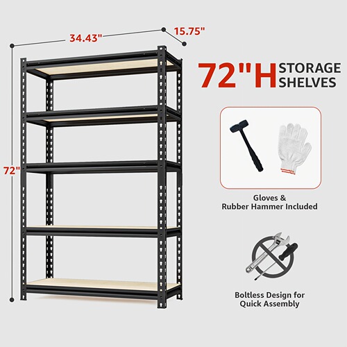 5 Tier Storage Shelves 72 H X 36 W X 16 D Adjustable
