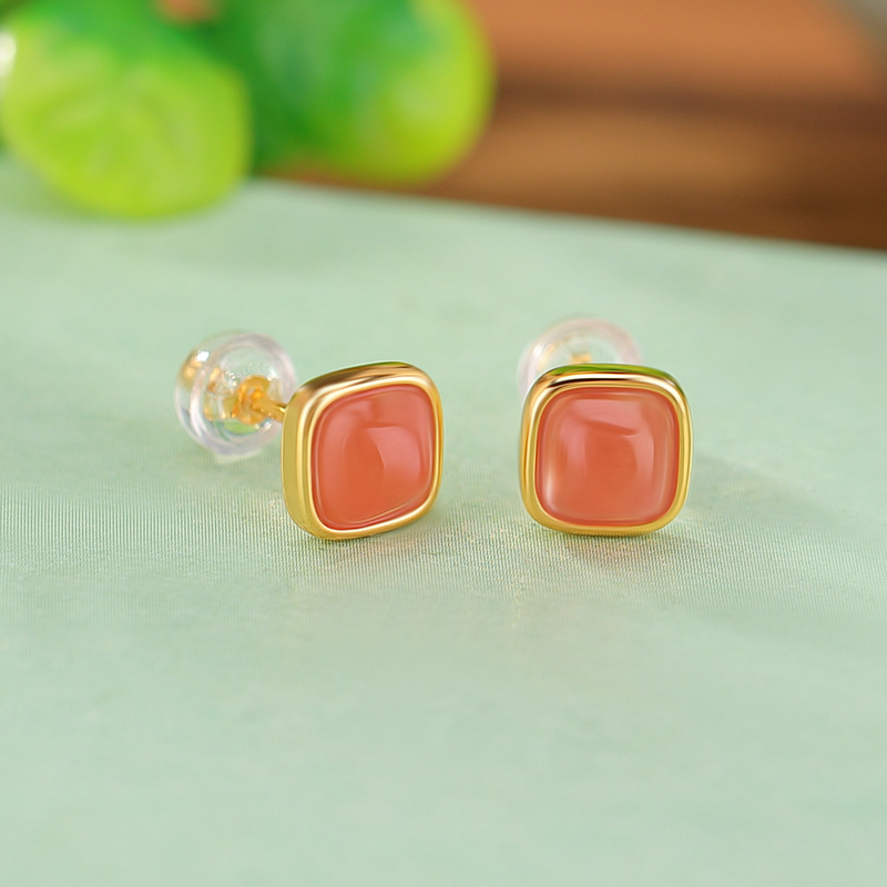 Bông tai bạc S925 mạ vàng hồng hình vuông đính đá kim cương phong cách retro — Kiểu cỡ nhỏ