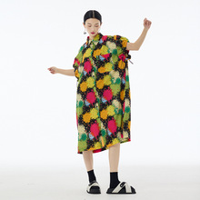 欧美复古撞色印花POLO领短袖连衣裙女夏季新款宽松个性薄款A字裙