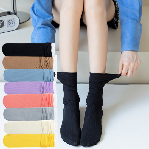 Summer Thin Ice Silk Socks Velvet Stockings Women's Ins Trendy Pile-up Socks Girls' Spring and Summer Solid Color Mid-calf Socks