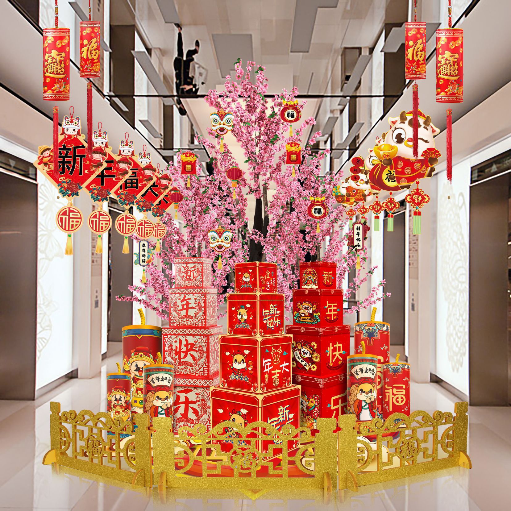 Decoraciones de Año Nuevo para puestos: decoraciones con petardos para el Festival de Primavera y el día de Año Nuevo, decoración de escenarios en centros comerciales y escuelas, cajas de regalo del Dios de la Riqueza.