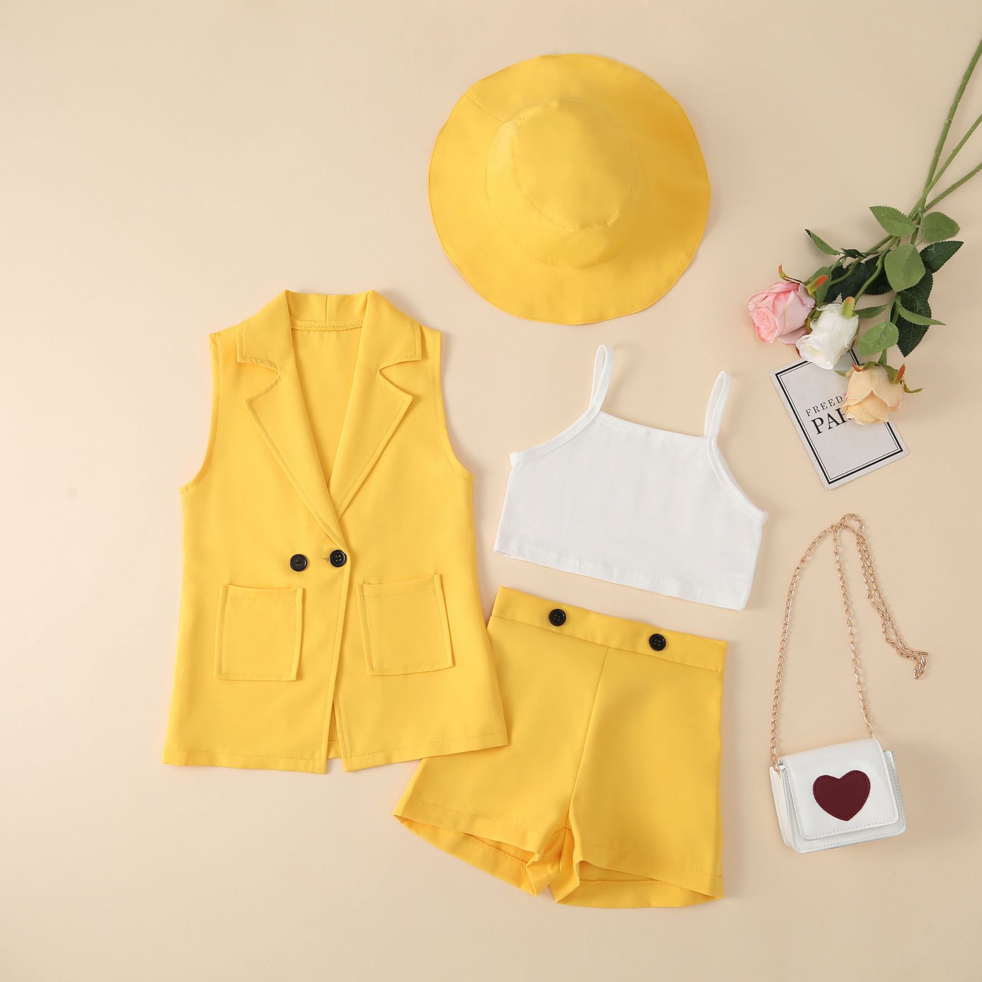 Button Design Fashion Style Fashion Solid Color Button Cotton Girls Clothing Sets