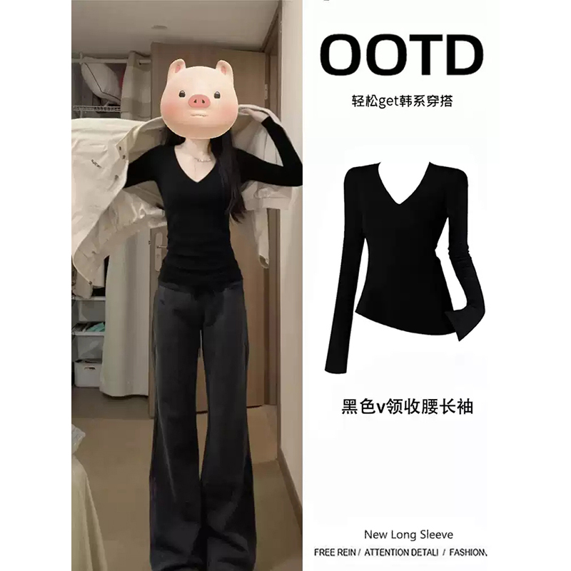 Black V-Neck Inner Layering Shirt Top Long-Sleeved Women's Slimming Look Autumn and Winter Fleece-Lined Korean Sexy Warm Wear Black V-Neck Inner Layering Shirt Top Long-Sleeved Women's Slimming Look Autumn and Winter Fleece-Lined Korean Sexy Warm Wear