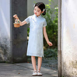 蓝色旗袍女童中国风小女孩改良童装短袖2025新款夏薄款儿童新中式