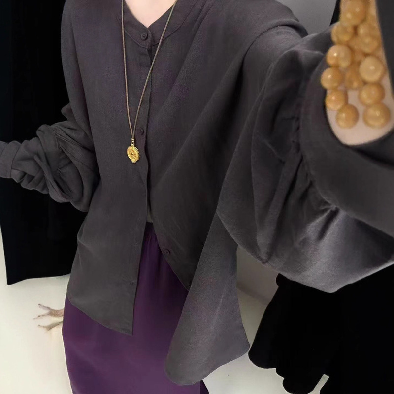 娜美原创 设计感结构裁片亚麻衬衫长袖开衫衬衣秋季新款通勤上衣|undefined