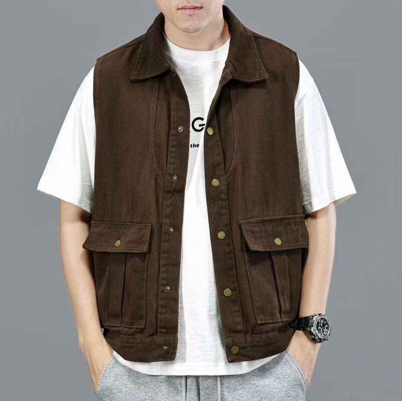 Spring and Autumn New American-Style Lapel Sleeveless Multi-Pocket Denim Vest Men's Trendy Loose Retro Versatile Jacket Trendy