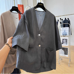 Plus-Size 150kg Lazy Style Loose Thin V-Neck Casual Blazer for Women Summer Mid-Sleeve Sun Protection Jacket