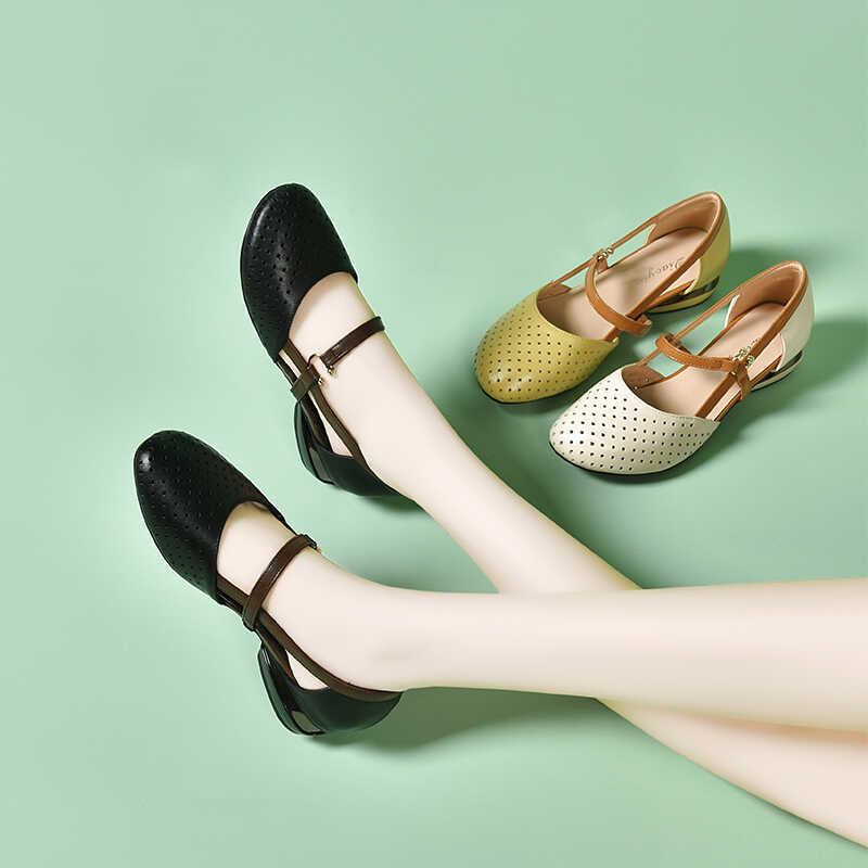 Sandal bít mũi nữ da mềm đế bằng khoét lỗ mũi tròn gót thấp — Màu đen