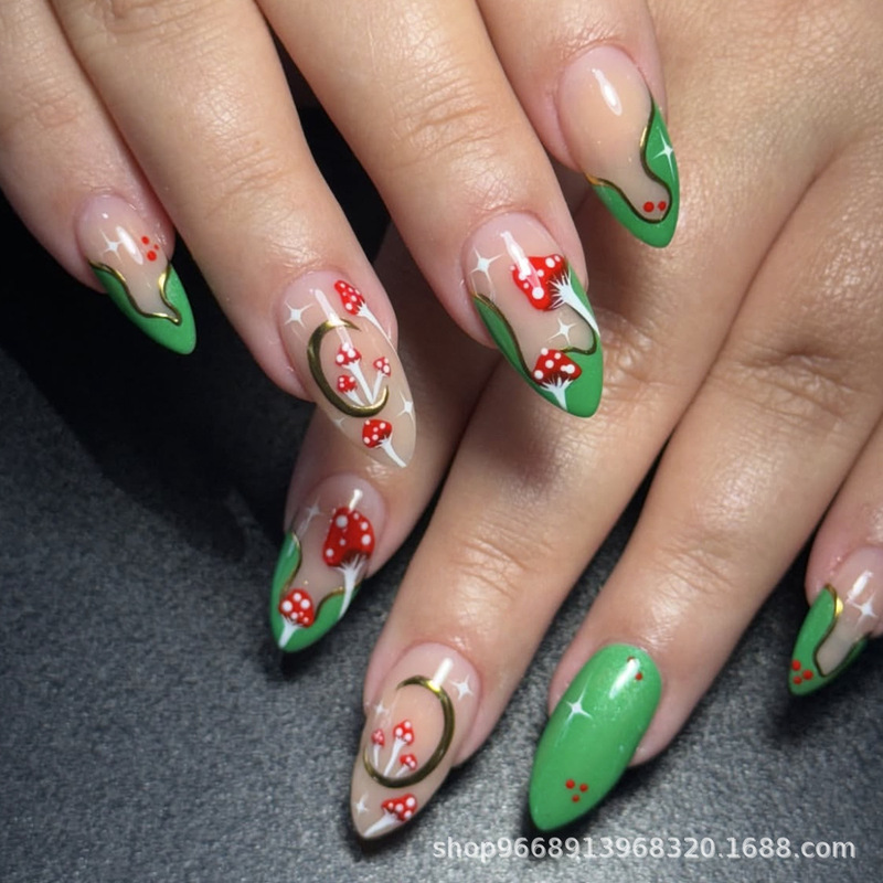 Cross-Border Popular Almond-Shaped Wearable Nails Mushroom Star and Moon Printed Fake Nails Removable Manicure Wholesale