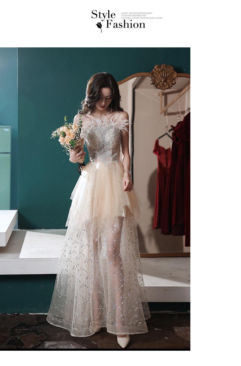 Đầm dạ hội nữ ôm body cổ yếm tay bồng thiết kế cổ tích — Mẫu dài màu sâm panh chi tiết 4