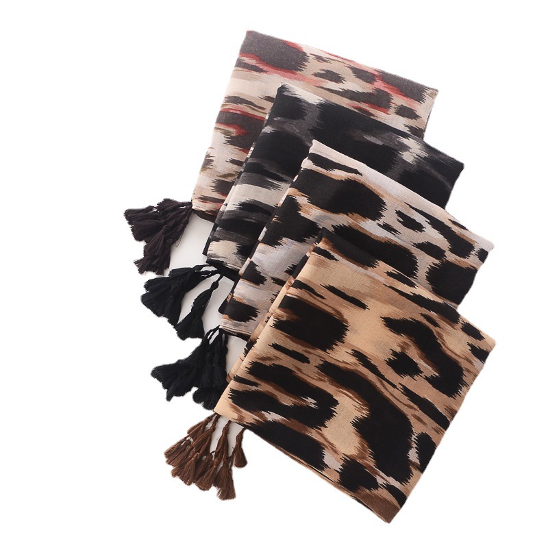 Comercio exterior transfronterizo estampado de cebra estampado de leopardo bufanda borla bufanda larga chal de doble uso bufanda de algodón y lino