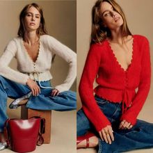 法式针织毛衣新款马海毛混纺手钩扇贝边针织开衫深V领收腰毛衣女