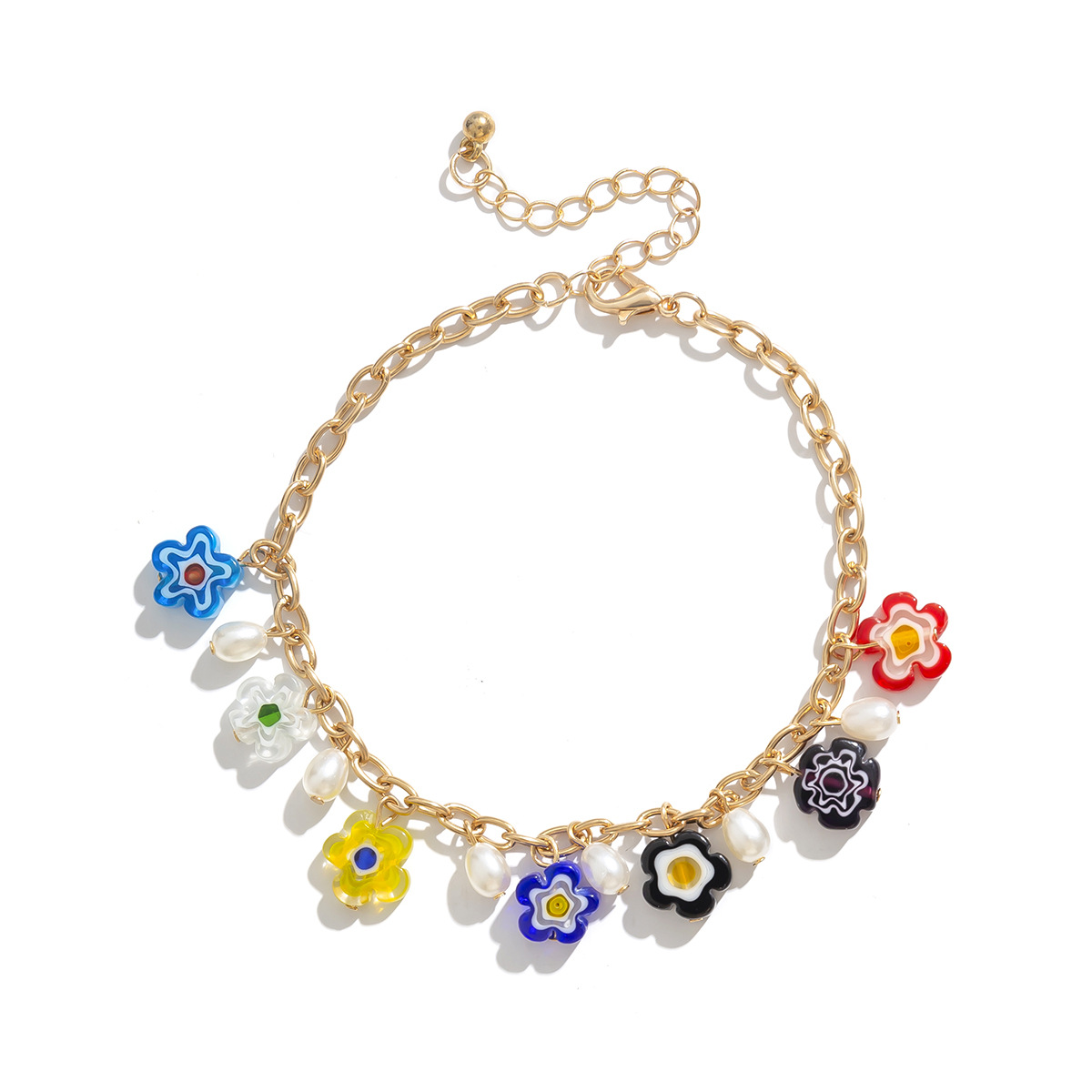 Fashion Beach Colored Glaze Flower Foot Ornaments Simple Daisy Tassel Imitation Pearl Anklet display picture 4
