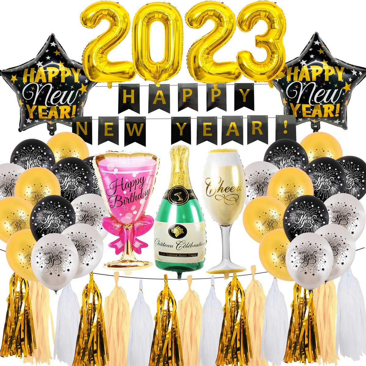 新年气球16寸数字2023气球批发新年快乐装饰场景圆形铝膜乳胶气球
