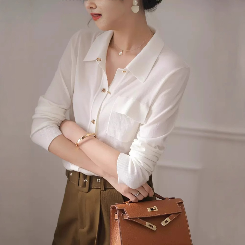 홍콩 쌀 2025 통근 직장 CP 셔츠 화이트 스웨터 카디건 여성용 옷깃 우아한 틈새 니트 셔츠