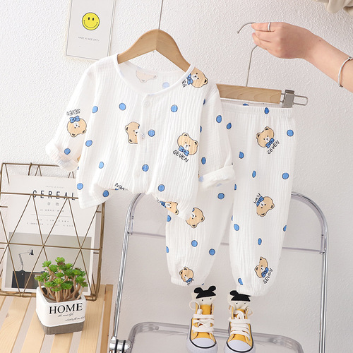 Boys' Double Layer Cotton Gauze Sleepwear Baby Summer Air Conditioning Suit Girls' Home Wear Baby Long Sleeve Lantern Pants Set 