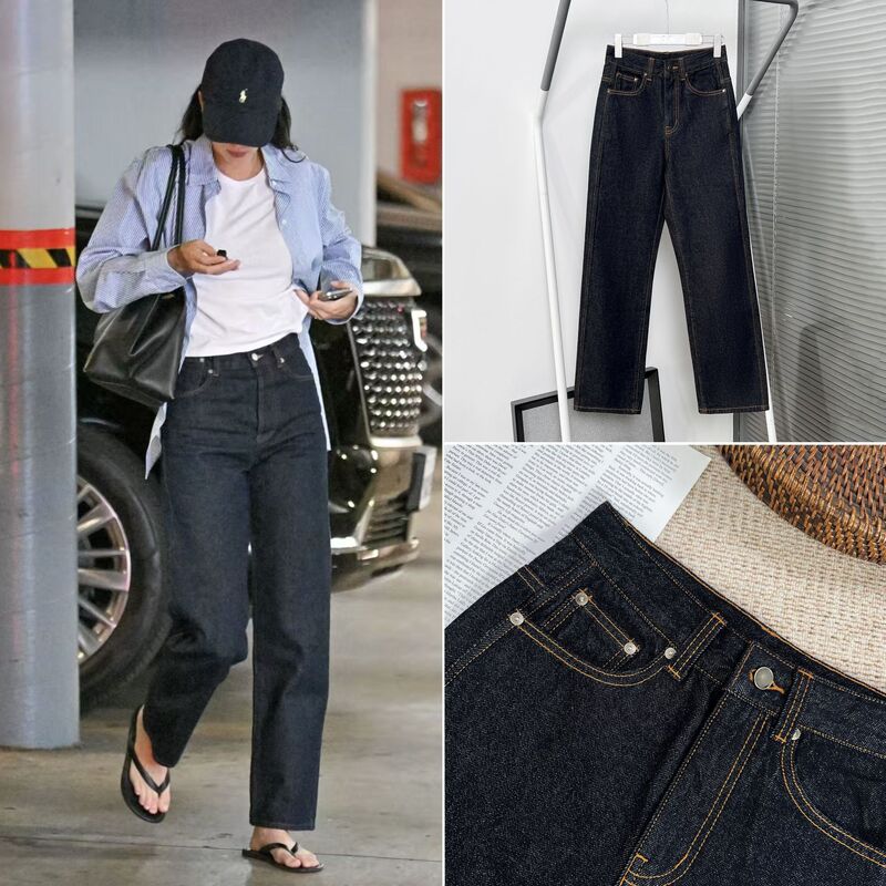 House26 Early Spring American Retro Denim Deep Blue Low Waist Curved Straight Loose Jeans for Women