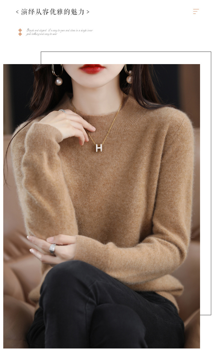 2022 Autumn and winter Cashmere sweater for women, semi-high collar, slimming, pullover, solid color 100 long-sleeved knitted base wool sweater pic 38