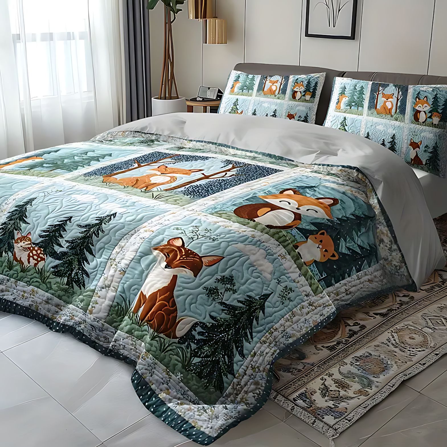 TEMU / JIT nuevos productos transfronterizos de animales forestales impresión digital 3D tela de tela suave abrasiva colcha con colcha de almohada conjunto