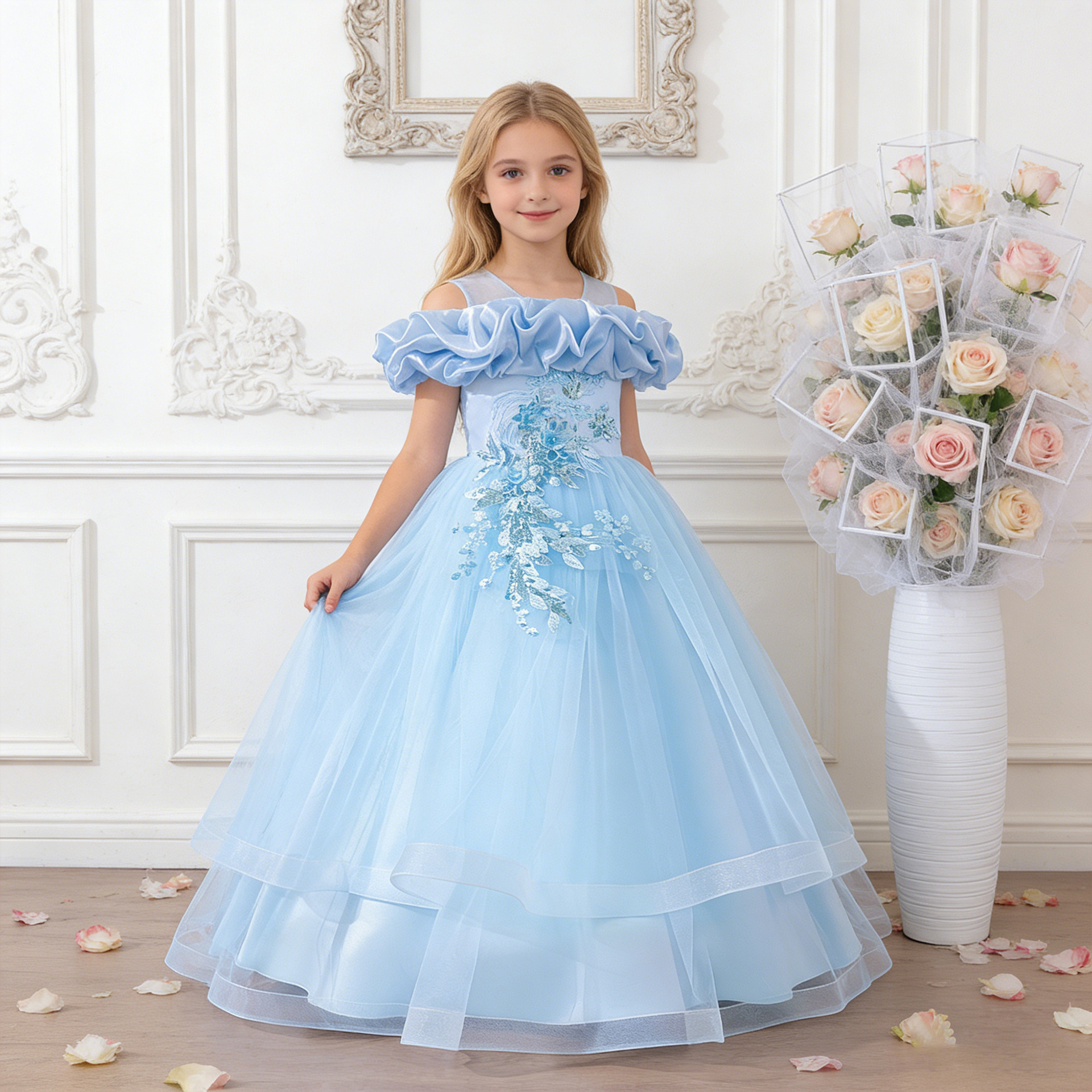 Nueva ropa para niños, falda de vestir para niñas, falda de tutú de hilo de red para niños grandes, vestido largo de estilo occidental, vestido de princesa para niños, mujer