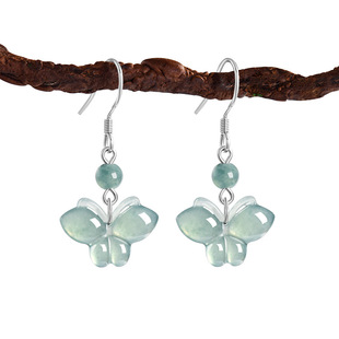 High-grade S925 silver natural A goods jade blue water bow earrings ice jade stone ancient style women's earrings earrings