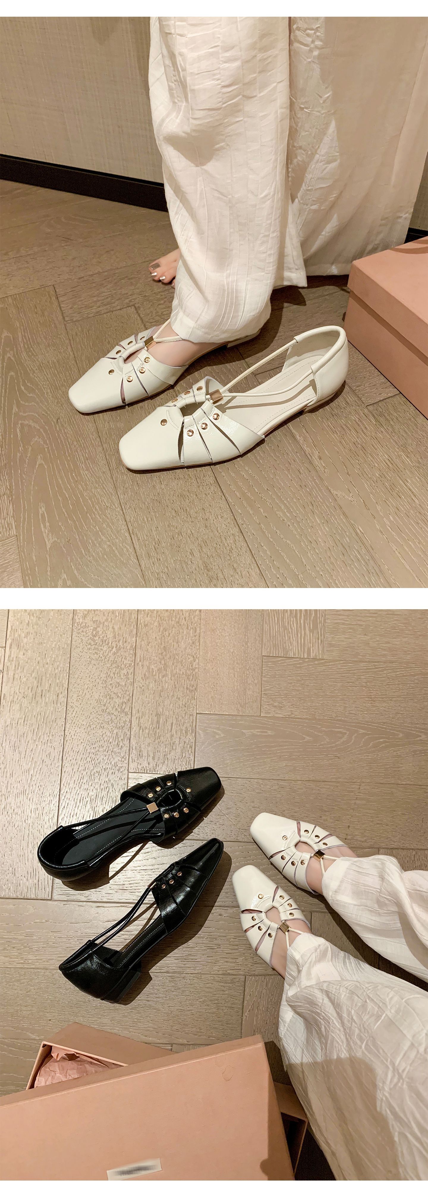 Dép sandal nữ da cừu đinh tán mũi kín gót kín phong cách Hàn Quốc đế bệt — đen chi tiết 6